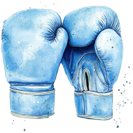 light blue, sky blue, periwinkle, watercolor, boxing gloves, sports, athletic, workout, fitness, punch, fighting, strength, motivational, inspirational, watercolor art, splatter, abstract, modern, contemporary, sports equipment, masculine, gym, training, combat sports, artistic, hand-painted effect, blue and white, detailed illustration, realistic, hobby