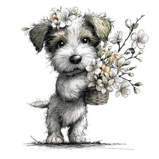 puppy, dog, flowers, floral, botanical, black and white, cream, tan, beige, charcoal gray, spring, whimsical, cute, adorable, animal, nature, children's, baby, sweet, gentle, illustrative, sketch, line art, vintage, cottage, farmhouse, spring flowers, cherry blossoms, basket, gift