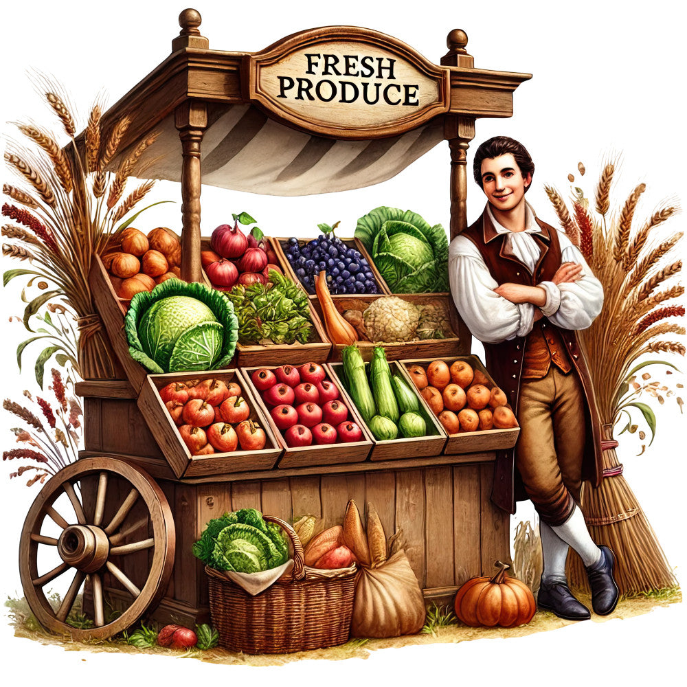 colonial america, fabric panel, produce cart, fresh vegetables, wooden wagon, wheat stalks, autumn harvest, brown vest, white shirt, tan pants, colonial man, market vendor, pumpkins, cabbage, apples, tomatoes, grapes, corn, rustic wood, spoked wheel, wicker basket, golden brown, forest green, burgundy red, orange accents, historical scene, farm fresh, quilting cotton