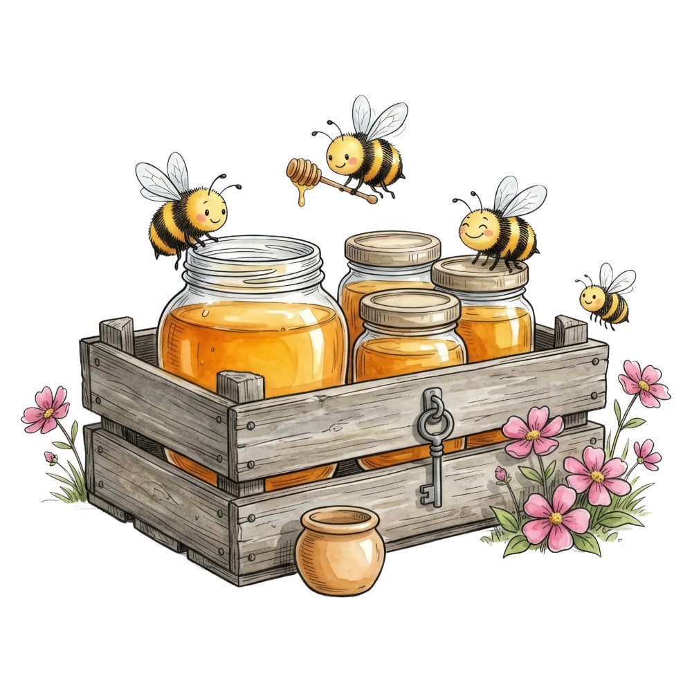 honey bee, bees, golden yellow, amber orange, cream, pink flowers, cosmos flowers, wildflowers, honeycomb, honey jars, mason jars, wooden crate, rustic, farmhouse, whimsical, nature, insects, spring, summer, garden, beekeeping, vintage, country, cheerful, charming, botanical, floral, cottage core, sweet, pastoral