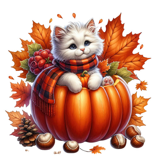 autumn, fall, kitten, cat, pumpkin, orange, cream white, red-orange, plaid, flannel, cozy, whimsical, cute, animals, nature, seasonal, harvest, thanksgiving, rustic, woodland, maple leaves, acorns, chestnuts, children, baby, wall hanging, decorative panel, festive, warm tones, folk art