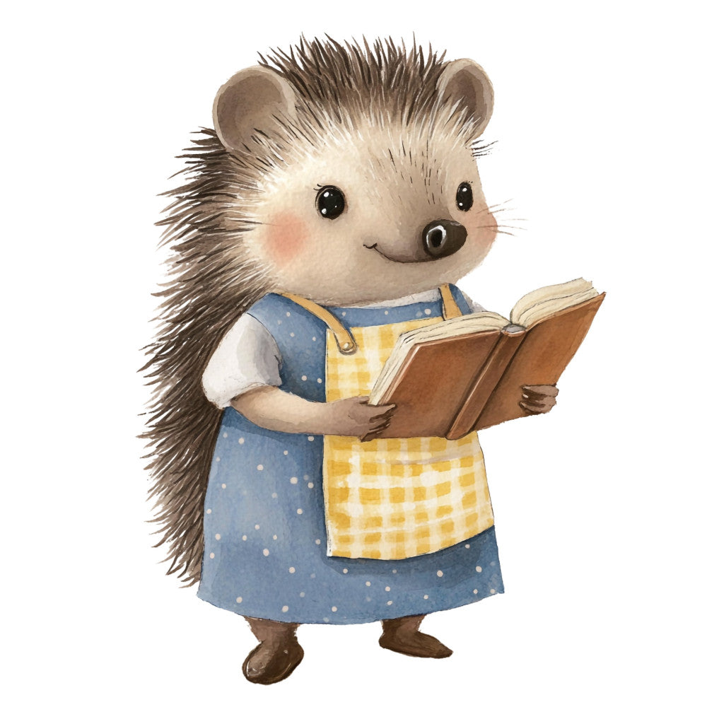 hedgehog, animal, children's, storybook, whimsical, blue, yellow, cream, white, brown, polka dots, gingham check, apron, reading, book, cute, charming, nursery, baby, illustrated character, woodland, folk art, vintage style, cozy, farmhouse, gender neutral, learning themed, soft colors, pastel