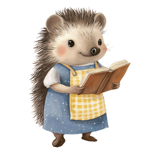 hedgehog, animal, children's, storybook, whimsical, blue, yellow, cream, white, brown, polka dots, gingham check, apron, reading, book, cute, charming, nursery, baby, illustrated character, woodland, folk art, vintage style, cozy, farmhouse, gender neutral, learning themed, soft colors, pastel