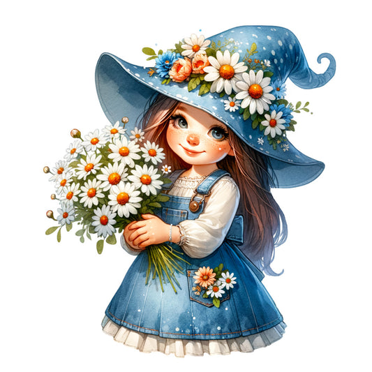 blue, white, green, orange, brown, spring flowers, daisies, floral bouquet, cute girl character, wide brimmed hat, overalls, cottage core, whimsical illustration, fabric panel, quilting cotton, garden theme, blooming flowers, cheerful mood, children's fabric, craft panel