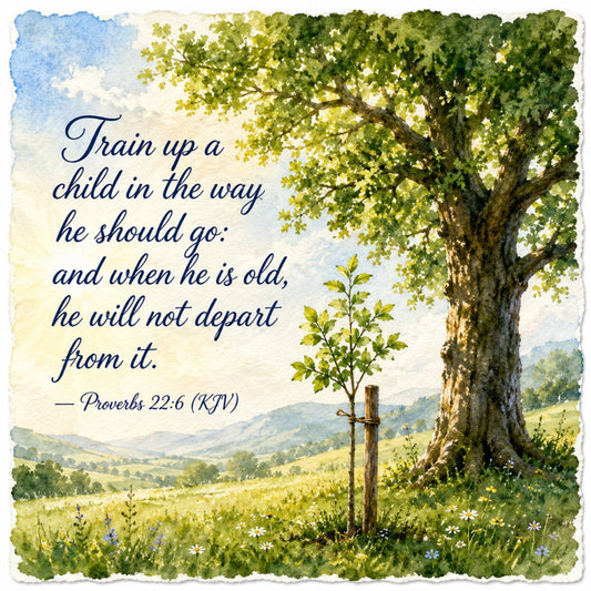 navy blue, forest green, sage green, cream, sky blue, soft yellow, landscape, nature, scripture, inspirational, quote, trees, countryside, rolling hills, wildflowers, pastoral, rustic, traditional, peaceful, serene, spiritual, biblical, proverbs, farmland, large tree, young sapling, classic, vintage, spring, summer