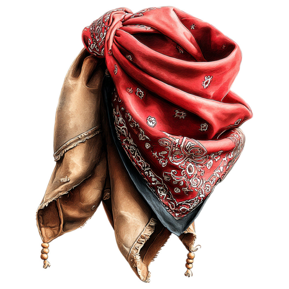 red bandana, western, cowboy, paisley, cream, tan, brown, beige, gold, rust, vintage, traditional, bohemian, folk art, southwest, country, rustic, kerchief, neckerchief, decorative print, ornamental, ethnic design, americana, wild west, leather, fringe, boho, warm tones, textile art, home decor