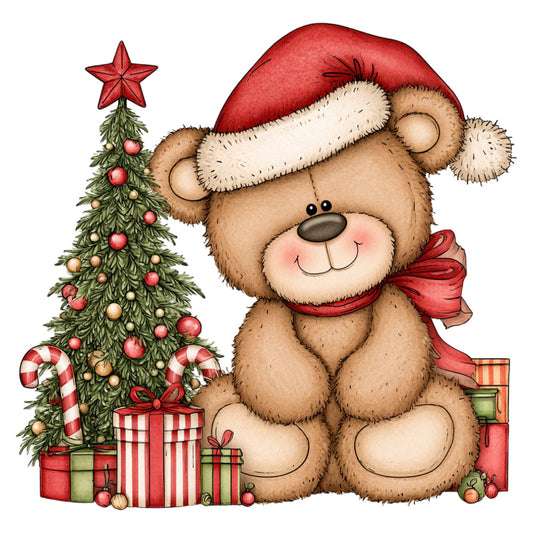 teddy bear, christmas, holiday, red, cream, green, gold, festive, whimsical, cute, adorable, children, baby, santa hat, candy canes, presents, gifts, decorated tree, ornaments, bow, ribbon, traditional, seasonal, winter, nursery, storybook, illustration, sweet, charming, retro vintage style