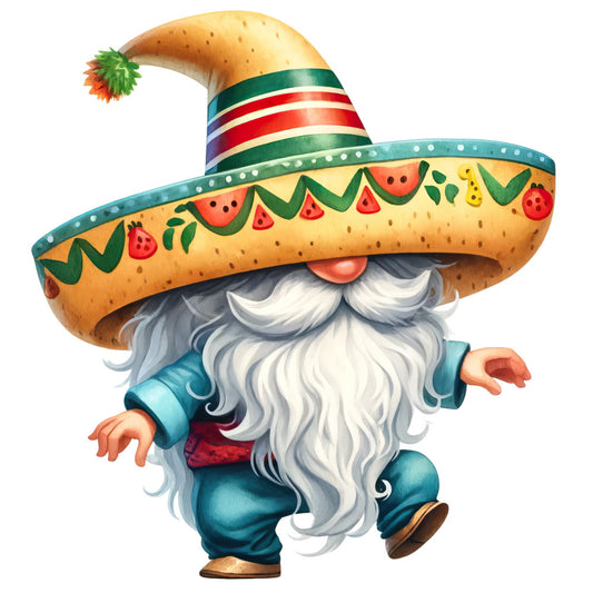 mexican gnome, sombrero, turquoise blue, orange yellow, red stripes, white beard, watermelon motifs, strawberry decorations, green vine patterns, whimsical character, folk art style, fabric panel, quilting cotton, festive theme, colorful design, cartoon illustration, craft project, southwestern style, playful gnome, fruit embellishments