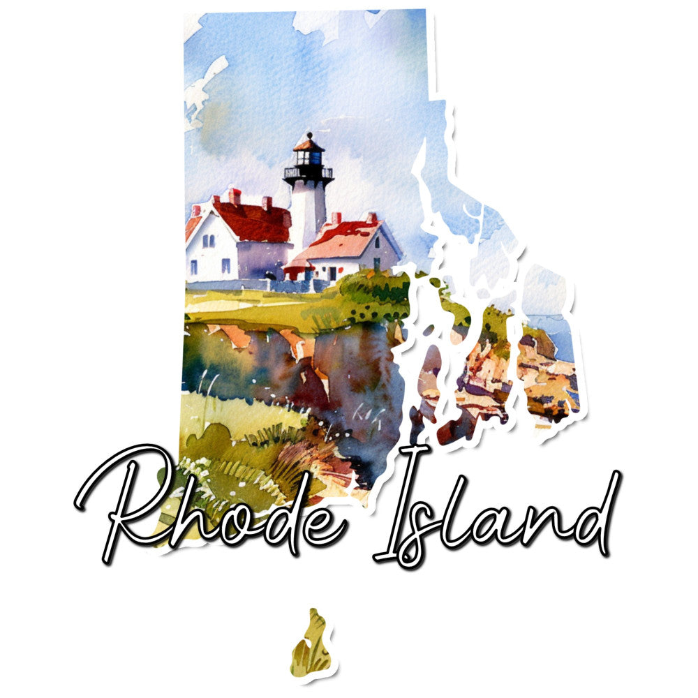 rhode island, lighthouse, coastal, nautical, travel, state map, geography, white house, red roof, blue sky, watercolor, scenic landscape, vintage travel, americana, new england, architectural, tourism, state pride, illustrated map, soft blue, cream white, terracotta red, olive green, rustic charm, traditional, whimsical, wall hanging, home decor, travel themed, pastoral