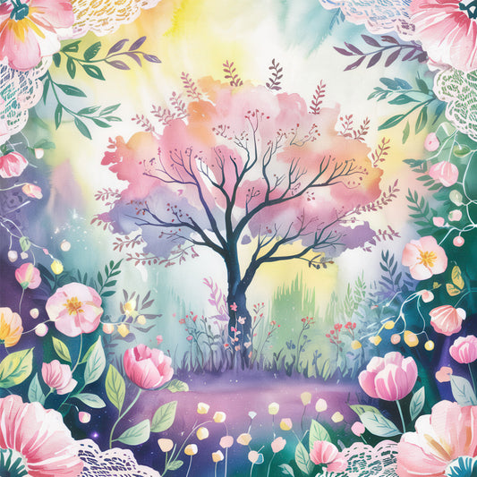 watercolor style, floral border, enchanted tree, pink flowers, purple branches, green leaves, botanical motifs, whimsical garden, pastel colors, fabric panel, quilting cotton, nature scene, magical woodland, soft pastels, decorative blooms, fantasy landscape, crafting fabric, patchwork panel, dreamy atmosphere, artistic illustration