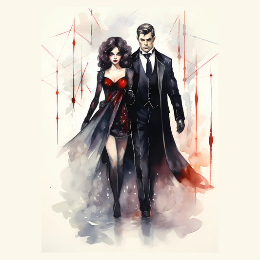 black, red, cream, elegant, gothic, dramatic, couple, romantic, formal wear, evening gown, tuxedo, sophisticated, modern, abstract, watercolor, illustration, art deco, vintage glamour, red carpet, formal attire, date night, luxury, stylish, fashion illustration, flowing fabric, dramatic pose, geometric elements, contemporary art, portrait
