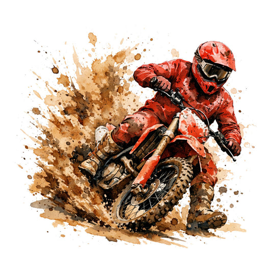 red motocross, dirt bike, splatter watercolor, action sports, rust brown, burnt orange, khaki tan, abstract splatter, motorsports, off-road racing, extreme sports, adventure theme, modern style, dynamic motion, dust cloud, earthy tones, rust orange, muddy brown, sportsman, adventurous, energetic, contemporary art, paint splatter effect, boys quilt, sports enthusiast, masculine theme, daring style