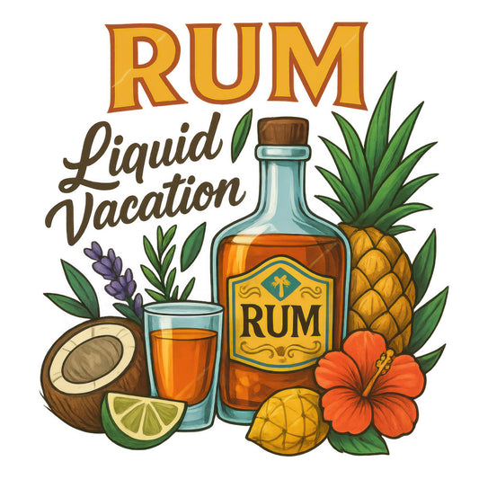 rum bottle, tropical vacation, pineapple, coconut, lime slice, hibiscus flower, orange liquid, glass tumbler, brown cork, green leaves, purple lavender, orange hibiscus, golden yellow, amber rum, fabric panel, tropical theme, cocktail ingredients, vacation vibes, island motif, beverage illustration