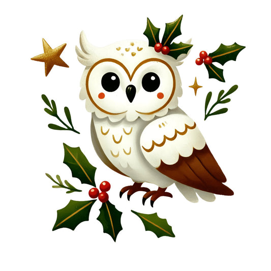white owl, cream, gold, brown, forest green, red berries, holiday, christmas, winter, whimsical, festive, owl, birds, holly leaves, stars, nature, seasonal, decorative, elegant, cute, magical, sparkle, evergreen, festive owl, snowy, celestial, traditional, charming, woodland, decorative panel