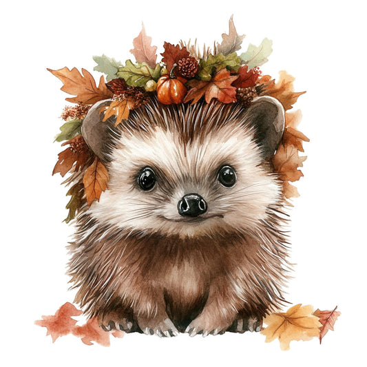 hedgehog, autumn, fall, woodland, nature, animals, whimsical, cute, pumpkin, leaves, oak leaves, berries, rustic, warm earth tones, cream, tan, brown, rust, burnt orange, terracotta, sage green, forest green, seasonal, harvest, baby, children's, nursery, wall hanging, gender neutral, decorative