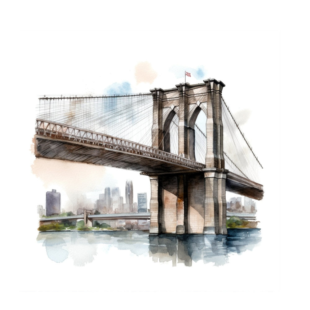 brooklyn bridge, new york city, architecture, cityscape, urban landscape, watercolor, artistic, vintage, travel, landmarks, bridge, skyline, manhattan, gray, blue, tan, beige, cream, architectural, modern, elegant, scenic, building, tourist, wanderlust, home decor, wall art, cultural, heritage, nostalgic