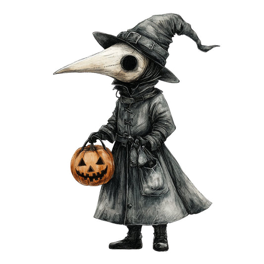 halloween, crow, raven, witch, pumpkin, jack-o-lantern, witches hat, pointed hat, black, cream, orange, spooky, gothic, whimsical, vintage, autumn, fall, holiday, bird, skeleton mask, long coat, dress, trick-or-treat, creepy, festive, costume, magical, enchanted, panel design