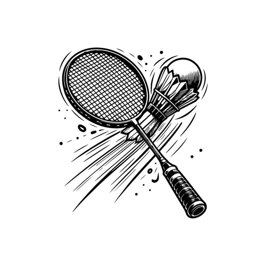 badminton, sports, racket, shuttlecock, black and white, line art, sketch, athletic, game, recreation, vintage, retro, monochrome, illustration, hand drawn, action, motion, dynamic, casual, hobby, leisure, modern, minimalist, line drawing, engraved style, pen and ink, detailed, sport equipment, active lifestyle