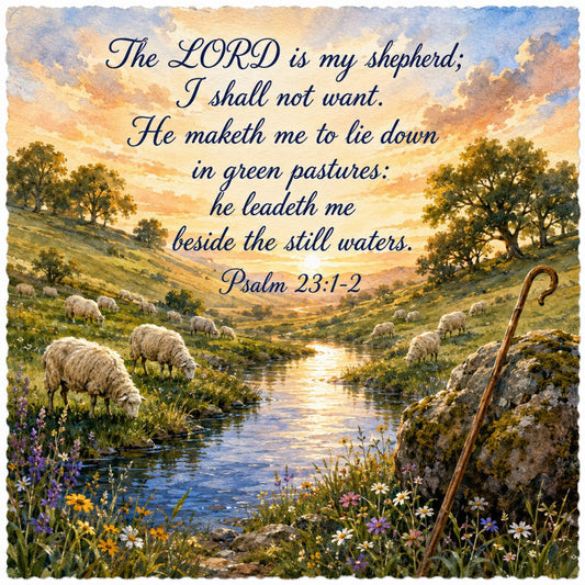 psalm 23, pastoral, sheep, shepherds, religious, spiritual, scripture, faith, nature, landscape, pastoral landscape, wildflowers, still waters, green pastures, shepherd's crook, animals, farmhouse, rustic, traditional, vintage, gold, cream, soft blue, sage green, purple flowers, yellow flowers, white flowers, peaceful, serene, inspirational