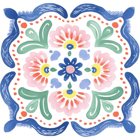 navy blue, coral pink, pale pink, sage green, yellow, white, floral, symmetrical, geometric, folk art, traditional, whimsical, bohemian, vintage, scandinavian, painted flowers, daisy motifs, leaf motifs, decorative border, ornate frame, spring, summer, baby quilt, wall hanging, home decor, cheerful, colorful, hand-painted style, botanical, rustic charm