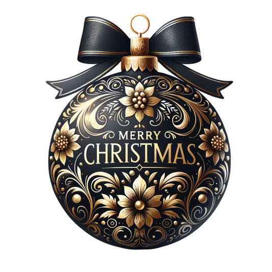 black, gold, bronze, christmas ornament, decorative bow, floral motifs, baroque patterns, swirls, ornate design, holiday theme, metallic accents, fabric panel, quilting cotton, elegant style, festive decor, dimensional flowers, christmas bauble, ribbon bow, vintage inspired, luxury aesthetic