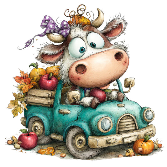 whimsical cow, teal blue, rustic farmhouse, autumn harvest, farm animals, countryside, folk art, hand-painted style, vintage truck, pumpkins, apples, fall foliage, purple bow, children's illustration, storybook style, cottage core, seasonal, harvest theme, pastoral, naive art, charming, playful, nature themed, woodland, rural, nostalgic, burnt orange, cream colored, wall hanging, novelty print