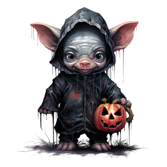 halloween, spooky, pumpkin, pig, piglet, animal, dark, black, charcoal gray, blood red, dusty rose, creepy, gothic, whimsical, cute monster, trick or treat, autumn, fall, jack-o-lantern, hooded cloak, dripping effect, grungy, dark fantasy, children's halloween, novelty print, character design, festive, seasonal, horror themed, adorable creepy