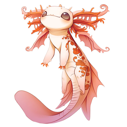 coral pink, peach, orange, cream, white, axolotl, salamander, aquatic animal, cartoon style, cute character, kawaii, anime inspired, gradient colors, soft pastels, fabric panel, quilting cotton, whimsical, adorable, sea creature, fantasy animal