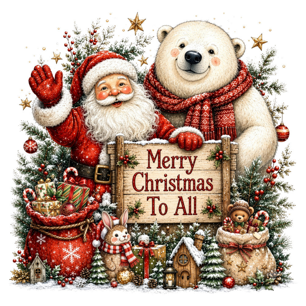 christmas, holiday, santa, polar bear, woodland animals, red, cream, gold, forest green, festive, whimsical, traditional, winter, snow, stars, candy canes, gifts, presents, ornaments, berries, evergreen, rustic, charming, nostalgic, vintage style, cozy, decorative panel, wall hanging, seasonal, jolly