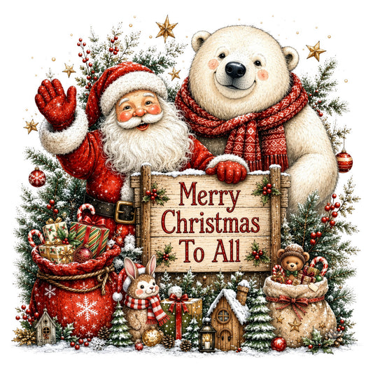 christmas, holiday, santa, polar bear, woodland animals, red, cream, gold, forest green, festive, whimsical, traditional, winter, snow, stars, candy canes, gifts, presents, ornaments, berries, evergreen, rustic, charming, nostalgic, vintage style, cozy, decorative panel, wall hanging, seasonal, jolly