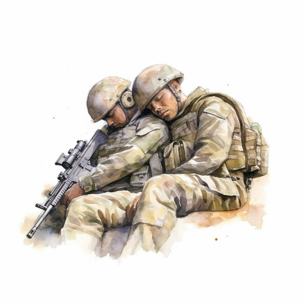 military, soldiers, camouflage, tan, khaki, beige, cream, brown, desert, tactical, armed forces, patriotic, americana, action, adventure, realistic, watercolor, illustration, portrait, men, historical, uniform, helmet, rifle, gun, courage, valor, bravery, wall hanging, home decor