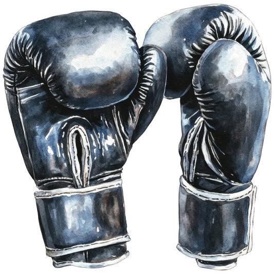 boxing gloves, navy blue, charcoal gray, white, sports, athletic, watercolor, illustration, vintage boxing, hand drawn, monochromatic, grayscale, masculine, gym, training, combat sports, punching bag, fighter, sporty, black and white, detailed shading, realistic, bold, statement print, men's interests, fitness themed, boxing ring, knockout, boxing match, contemporary sport