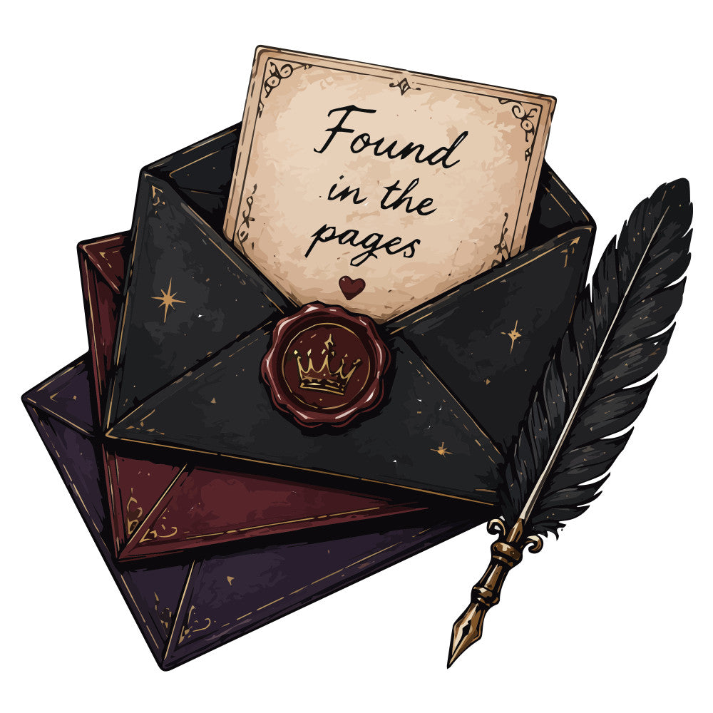 dark navy, deep purple, burgundy red, gold accents, vintage, literary, books, letters, envelopes, wax seal, feather quill, celestial, stars, elegant, romantic, whimsical, gothic, dark academia, stationery, mail theme, heart motif, crown, ornate borders, parchment, antique, mystical, steampunk, writing themed, storybook, magical
