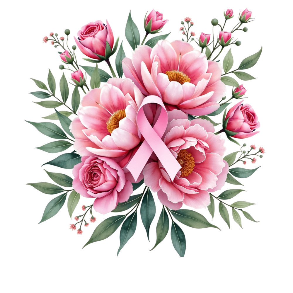 pink ribbon, breast cancer awareness, floral bouquet, pink roses, peonies, sage green leaves, soft pink, dusty rose, golden centers, watercolor style, fabric panel, quilting cotton, awareness ribbon, delicate florals, pastel colors, hope symbol, botanical design, supportive theme, crafting fabric, sewing panel