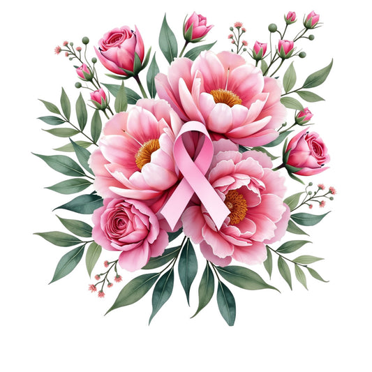 pink ribbon, breast cancer awareness, floral bouquet, pink roses, peonies, sage green leaves, soft pink, dusty rose, golden centers, watercolor style, fabric panel, quilting cotton, awareness ribbon, delicate florals, pastel colors, hope symbol, botanical design, supportive theme, crafting fabric, sewing panel