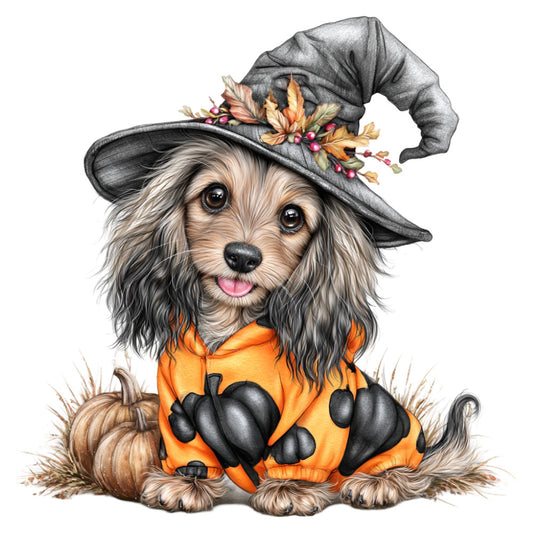 autumn, fall, halloween, dog, spaniel, witch hat, pumpkin, orange, black, gray, grey, cream, tan, beige, whimsical, cute, charming, festive, holiday, seasonal, animals, pets, magical, enchanted, flowers, floral, nature, rustic, playful