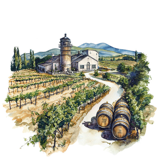watercolor style, vineyard scene, wine barrels, rolling hills, rustic buildings, silo tower, fabric panel, green vines, blue mountains, dirt pathway, countryside landscape, pastoral setting, winery illustration, earthy tones, sage green, golden yellow, muted blues, quilting cotton, rural charm, agricultural theme