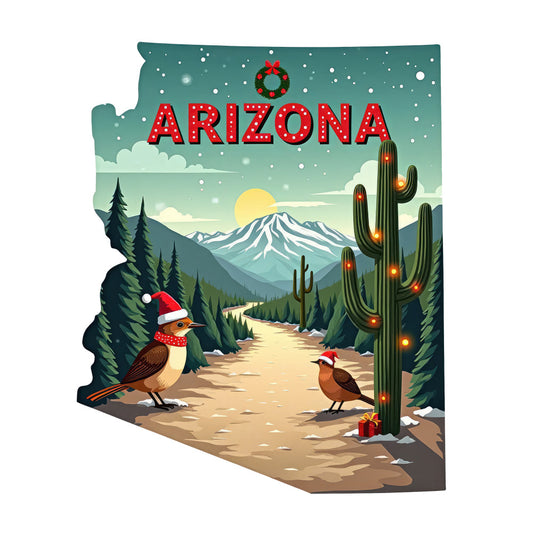 Christmas US States Fabric Panel 48 featuring Arizona with festive birds, decorated cactus, mountain landscape, and holiday lights.