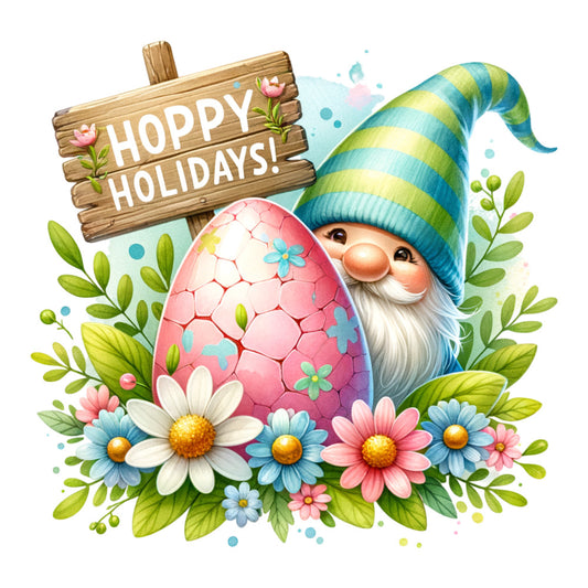 easter gnome, pink egg, blue striped hat, white beard, spring flowers, daisies, green foliage, pastel colors, turquoise, lime green, coral pink, whimsical character, holiday themed, fabric panel, quilting cotton, watercolor style, floral border, garden gnome, easter celebration, cheerful illustration