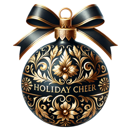 black, gold, navy blue, christmas ornament, baroque patterns, floral motifs, decorative swirls, holiday ribbon, bow design, ornate details, fabric panel, quilting cotton, festive theme, elegant design, metallic accents, winter holidays, seasonal crafting, christmas decor, luxurious finish