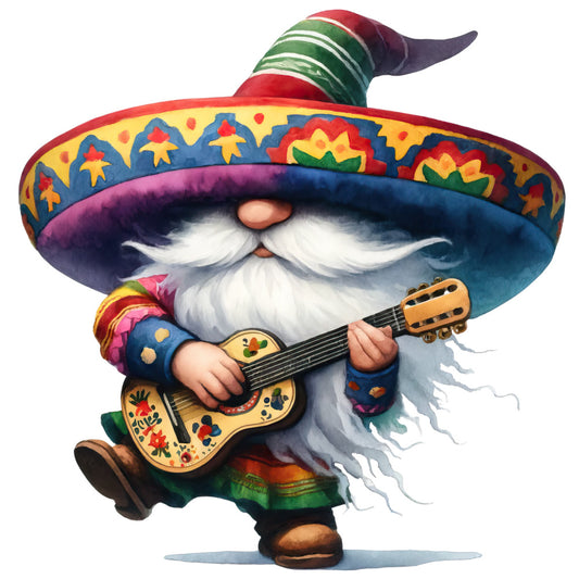mexican gnome, sombrero, guitar, mariachi, colorful patterns, red, yellow, blue, green, purple, white beard, mustache, floral designs, stars, festive, whimsical, cartoon style, fabric panel, quilting cotton, cultural theme, musical instrument, folk art