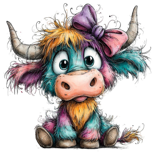 turquoise, purple, coral pink, golden orange, multicolor, whimsical, cute animals, highland cow, livestock, adorable, playful, children's, baby, bow, ribbon, fluffy texture, folk art, illustrated, artistic, cottage core, farmhouse, colorful hair, expressive eyes, personality, decorative panel, nursery, children's decor, quirky charm, hand-drawn style