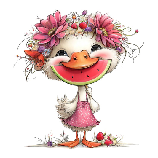 whimsical duck, watermelon, pink flowers, floral, animals, bird, spring, summer, coral orange, dusty rose, cream white, green, purple, playful, cheerful, cute, novelty, children, kids, nature, fruit, berries, daisy, cosmos, charming, feminine, colorful, festive, folk art