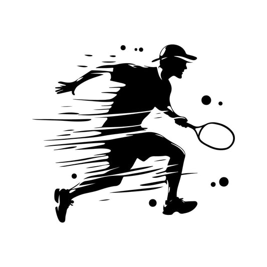black and white, tennis, sports, athletic, motion lines, action, silhouette, player, racket, ball, dynamic, modern, minimalist, line art, graphic, sketch style, monochrome, high energy, active lifestyle, fitness, recreation, contemporary, bold lines, movement, speed lines, vintage sports, retro athletic, unisex, geometric abstraction