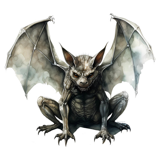 bat, dark gray, charcoal, bronze, tan, cream, fantasy, gothic, creatures, wings, horned, scary, spooky, halloween, evil, demon, monster, supernatural, dark fantasy, menacing, mysterious, dramatic, detailed illustration, animal illustration, horror, occult, witchy, autumn, wall hanging, dark aesthetic
