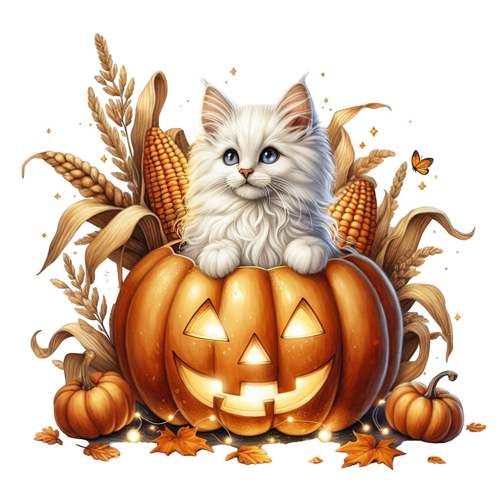 white cat, orange pumpkin, jack-o-lantern, autumn, fall, halloween, corn, wheat, harvest, orange, cream white, golden yellow, brown, whimsical, cute, festive, seasonal, nature, animals, cats, pumpkins, corn stalks, autumn leaves, spooky, decorative, wall hanging, home decor, children's fabric, cheerful, folksy