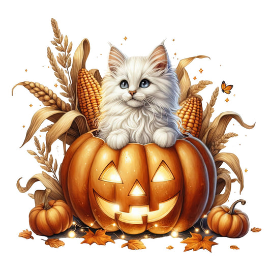 white cat, orange pumpkin, jack-o-lantern, autumn, fall, halloween, corn, wheat, harvest, orange, cream white, golden yellow, brown, whimsical, cute, festive, seasonal, nature, animals, cats, pumpkins, corn stalks, autumn leaves, spooky, decorative, wall hanging, home decor, children's fabric, cheerful, folksy