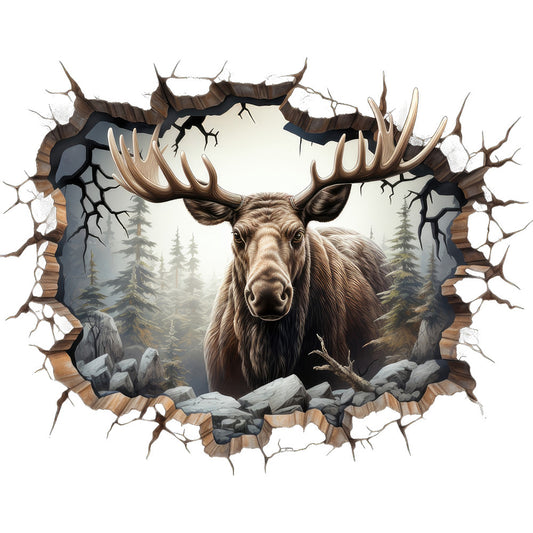 moose, wildlife, antlers, brown, tan, beige, gray, evergreen trees, forest scene, cracked wall effect, 3d illusion, trompe l'oeil, realistic art, nature themed, fabric panel, quilting cotton, outdoor scene, rocky landscape, pine trees, breaking through design, wilderness, photorealistic