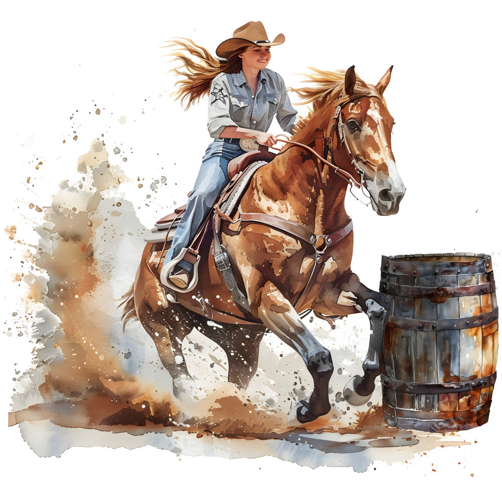 cowgirl, western, rodeo, barrel racing, horse, brown horse, denim, tan, cream, rust, gold, watercolor, splatter, artistic, rustic, farmhouse, equestrian, country, adventure, action, dust, dynamic, wild west, americana, vintage western, ranch, portrait, woman, strength, spirited