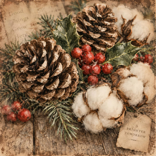 vintage christmas, holiday, winter, rustic, natural, cream, red, brown, green, pinecones, holly berries, cotton bolls, evergreen, festive, nostalgic, traditional, farmhouse, cottage core, botanical, natural elements, seasonal, christmas décor, neutral tones, earth tones, dark wood, weathered, inspirational, brighter tomorrow